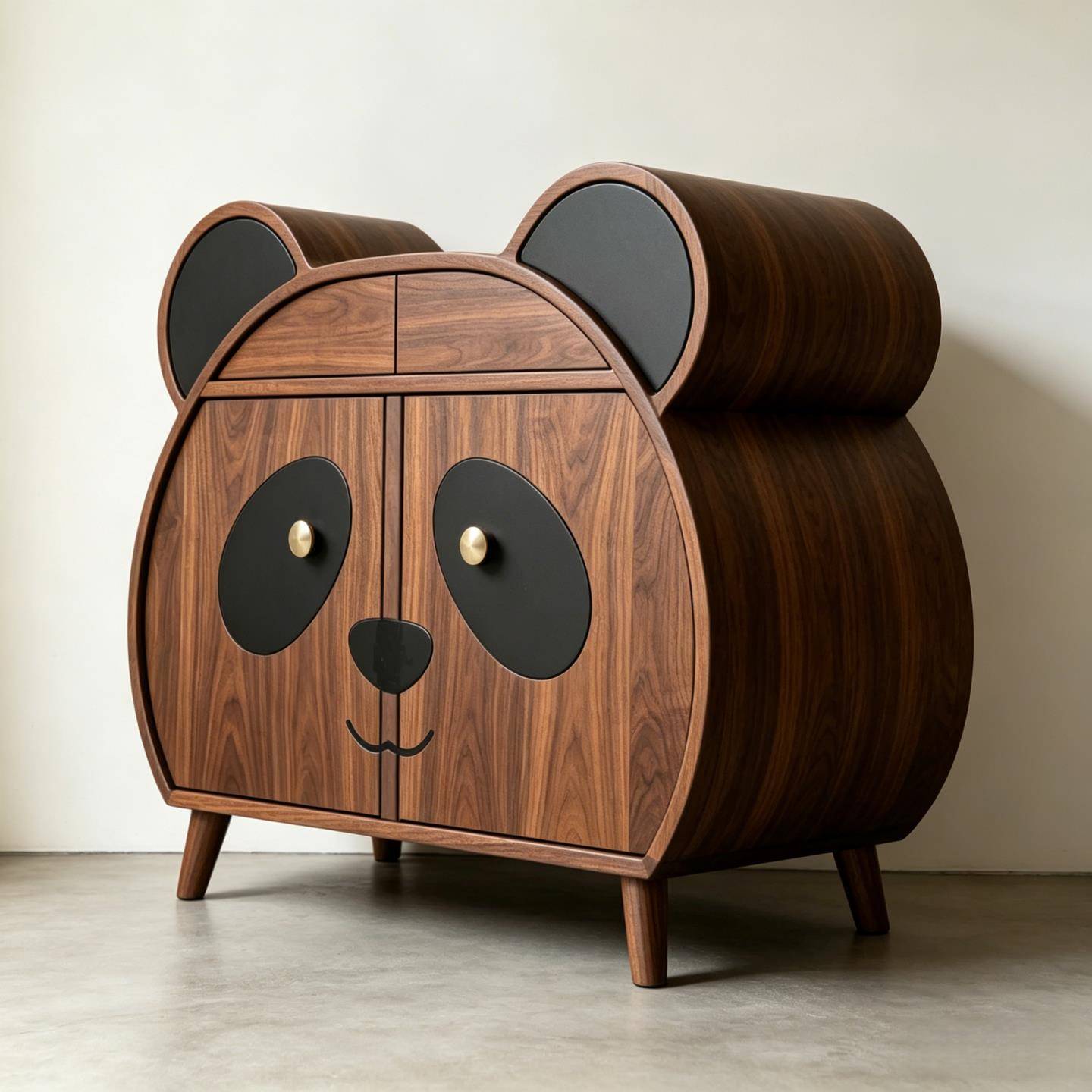 Solid Ash Wood Panda Storage Cabinet, Kids Sideboard Buffet Cabinet with Drawers &amp; Double Doors, Modern Walnut Finish Accent Storage Cabinet for Nursery, Playroom, Bedroom, Living Room &amp; Entryway