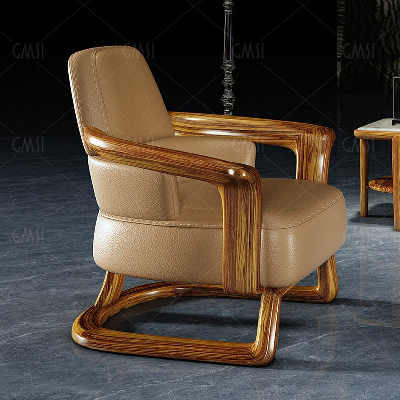 Genuine Leather Lounge Chair, Solid Wenge Wood Accent Armchair for Living Room, Office, Reading &amp; Reception