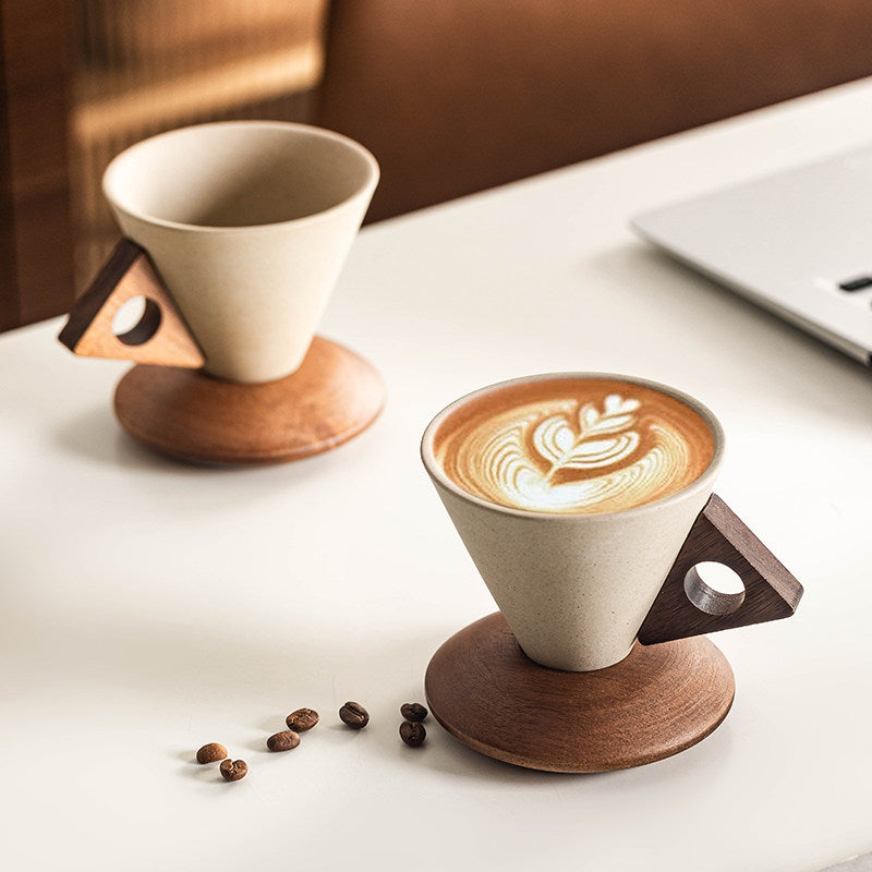Ceramic Coffee Cup with Acacia Wood Handle and Saucer, 8.5 oz Beige Mug