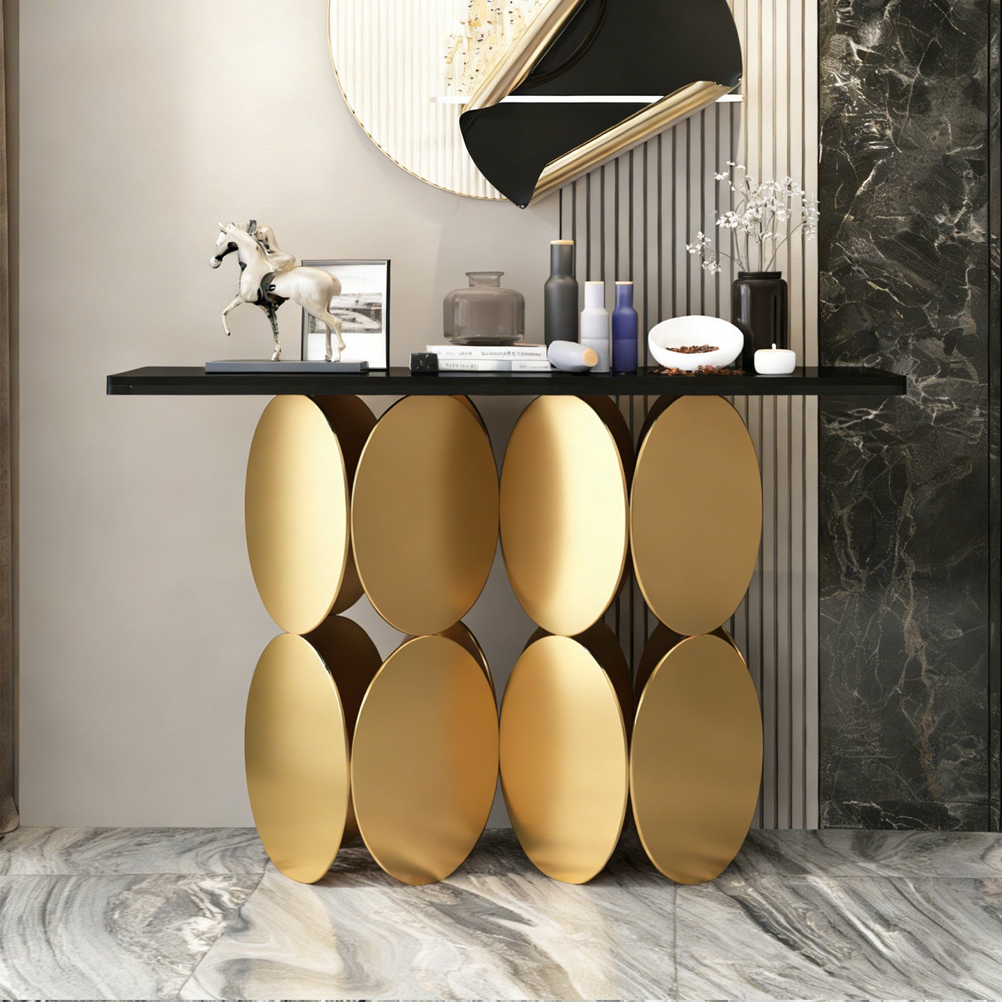 Rose Gold Console Table, Black Sintered Stone Top