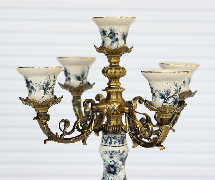 5-Arm Ceramic Candelabra with Antique Gold Metal Base, Decorative Candle Holder Centerpiece for Dining Table, Mantel, Wedding, Living Room &amp; Entryway, Blue Floral Porcelain Design