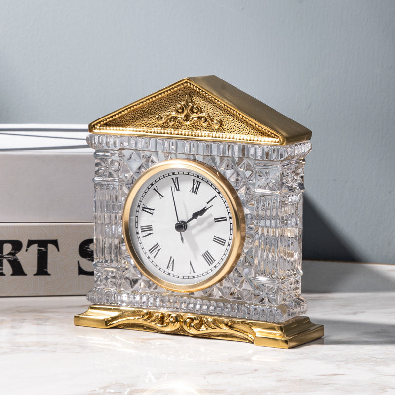 Crystal Glass Mantel Clock with Gold Accents and Roman Numerals