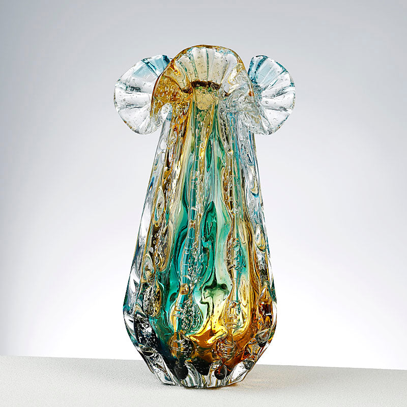 Blue and Amber Art Glass Vase with Ruffled Rim for Flowers