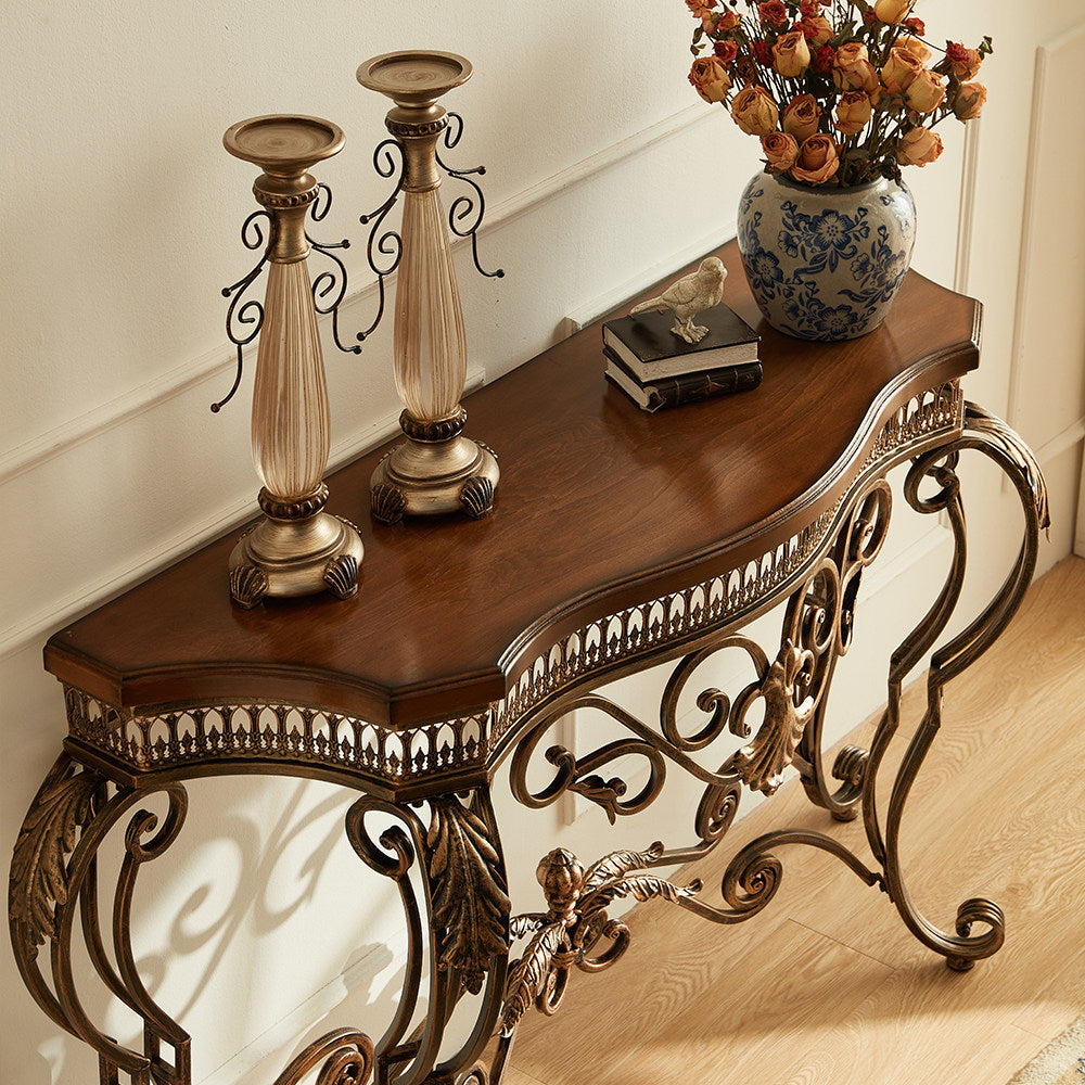 Antique Brown and Gold Demilune Console Table, Birch Wood Top with Ornate Wrought Iron Scroll Frame, Narrow Half-Moon Entryway Table for Foyer, Hallway, Living Room and Dining Room