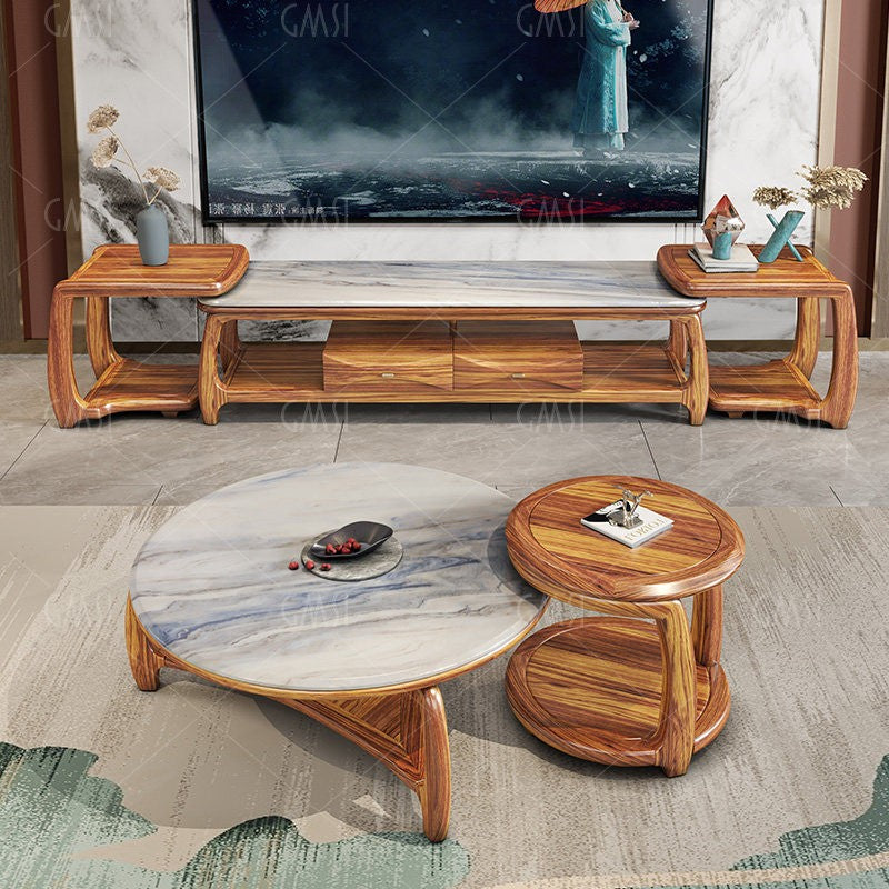 Wenge Wood Round Coffee and Side Table Set with Marble Top