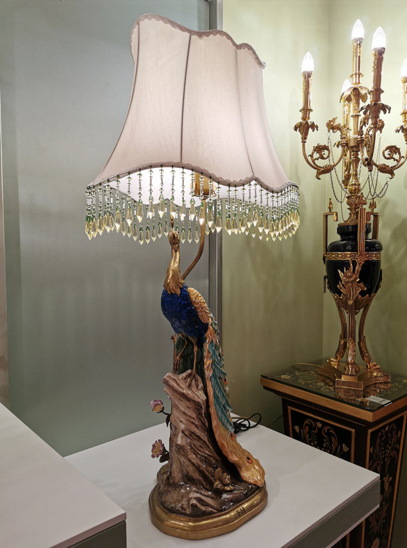 Peacock Table Lamp with Beaded Fabric Shade, Luxury Bird Statue Bedside Lamp, Decorative Accent Lighting for Living Room, Bedroom, Office, Study Room, Nightstand and Console Table