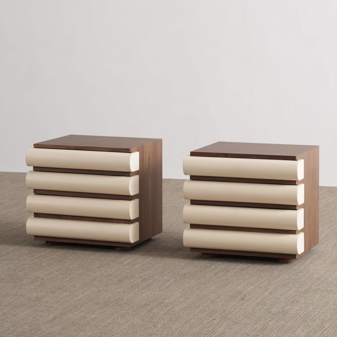 Cream and Walnut Wood Nightstand with 4 Drawers for Bedroom