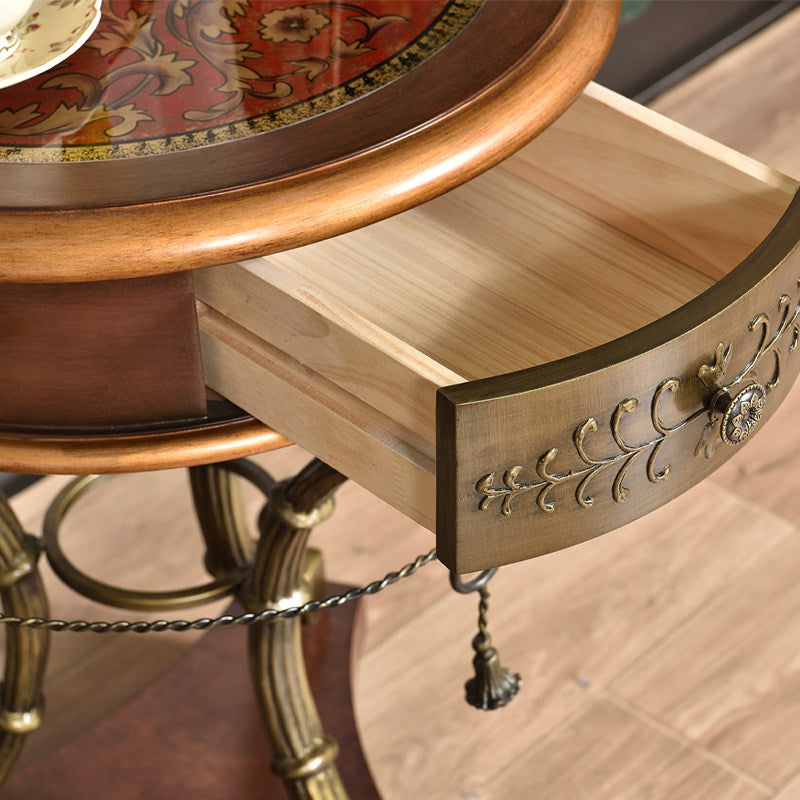 Round Wood Side Table with Glass Top, Drawer and Metal Base