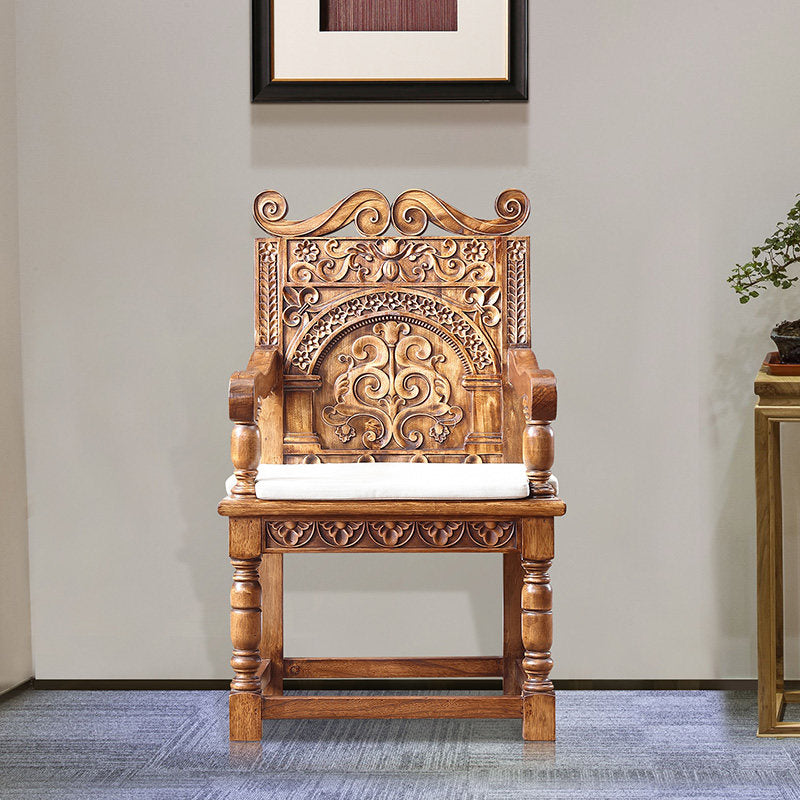 Camel Brown Solid Ash Wood Carved Armchair with Ivory Seat Cushion, Southeast Asian-Inspired High Back Accent Dining Chair for Living Room, Foyer, Bedroom and Hotel