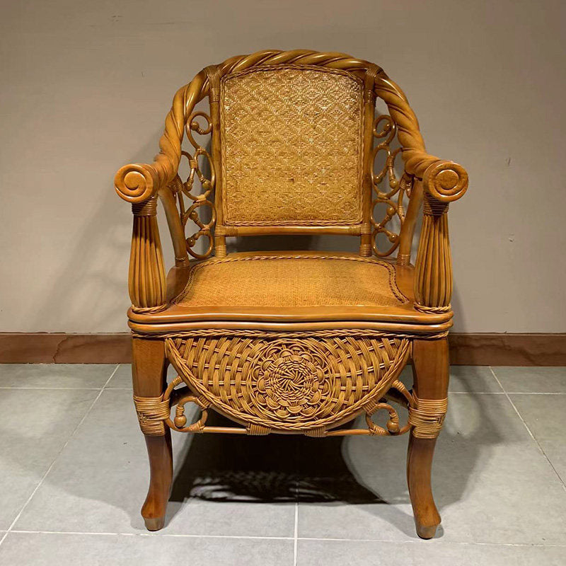 Natural Rattan High Back Armchair with Woven Seat and Storage Base