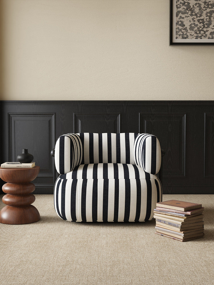 Black and White Striped Fabric Accent Chair with Rounded Cushions and Black Carbon Steel Tubular Frame, Modern Retro Lounge Armchair for Living Room, Bedroom, Apartment and Hotel