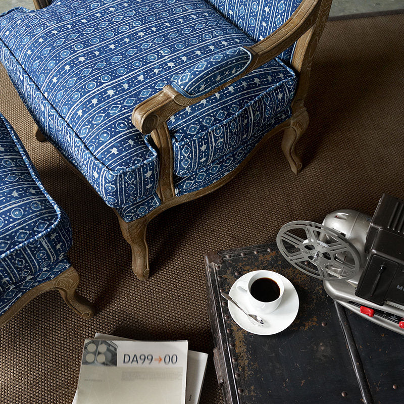 Blue Patchwork Upholstered Wood Accent Chair with Carved Arms