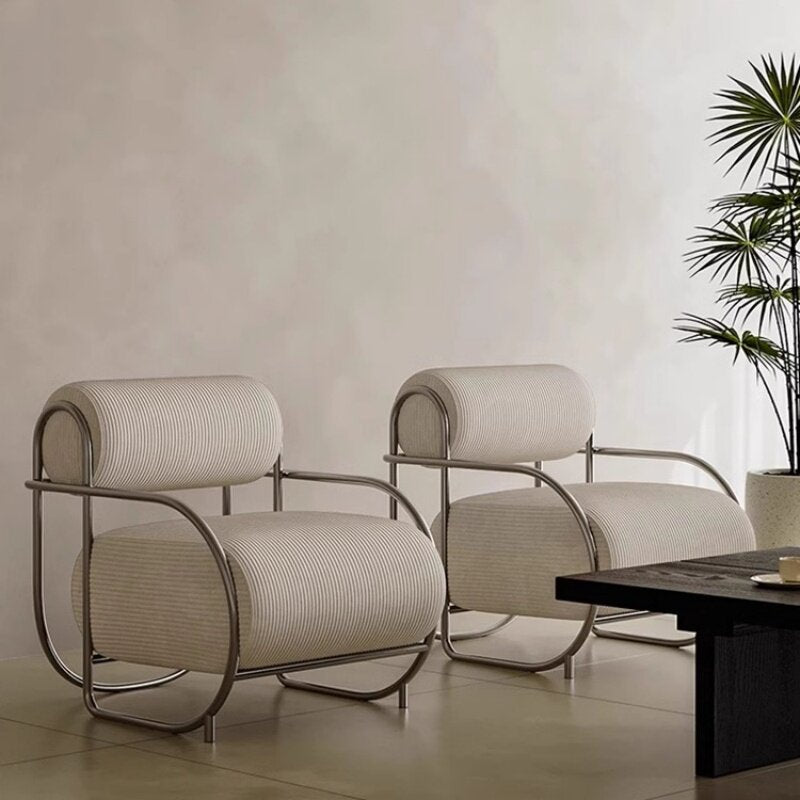 Wide Ivory Corduroy Accent Chair, Upholstered Single Sofa Armchair with Curved Polished Metal Frame, Retro Modern Lounge Chair for Living Room, Bedroom, Reading Nook and Apartment