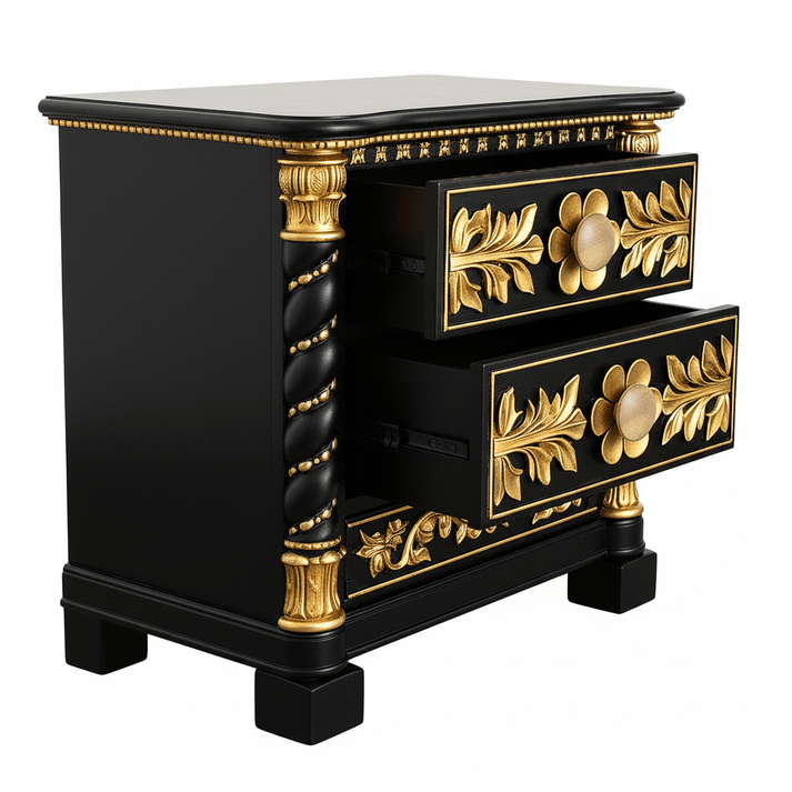 Black Gold 2-Drawer Neoclassical Nightstand with Floral Relief
