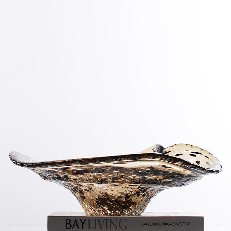 Amber Art Glass Fruit Bowl, Large Decorative Glass Centerpiece Bowl, Irregular Wave Crystal-Look Fruit Plate, Coffee Brown Serving Dish for Dining Table, Kitchen Counter, Living Room Decor