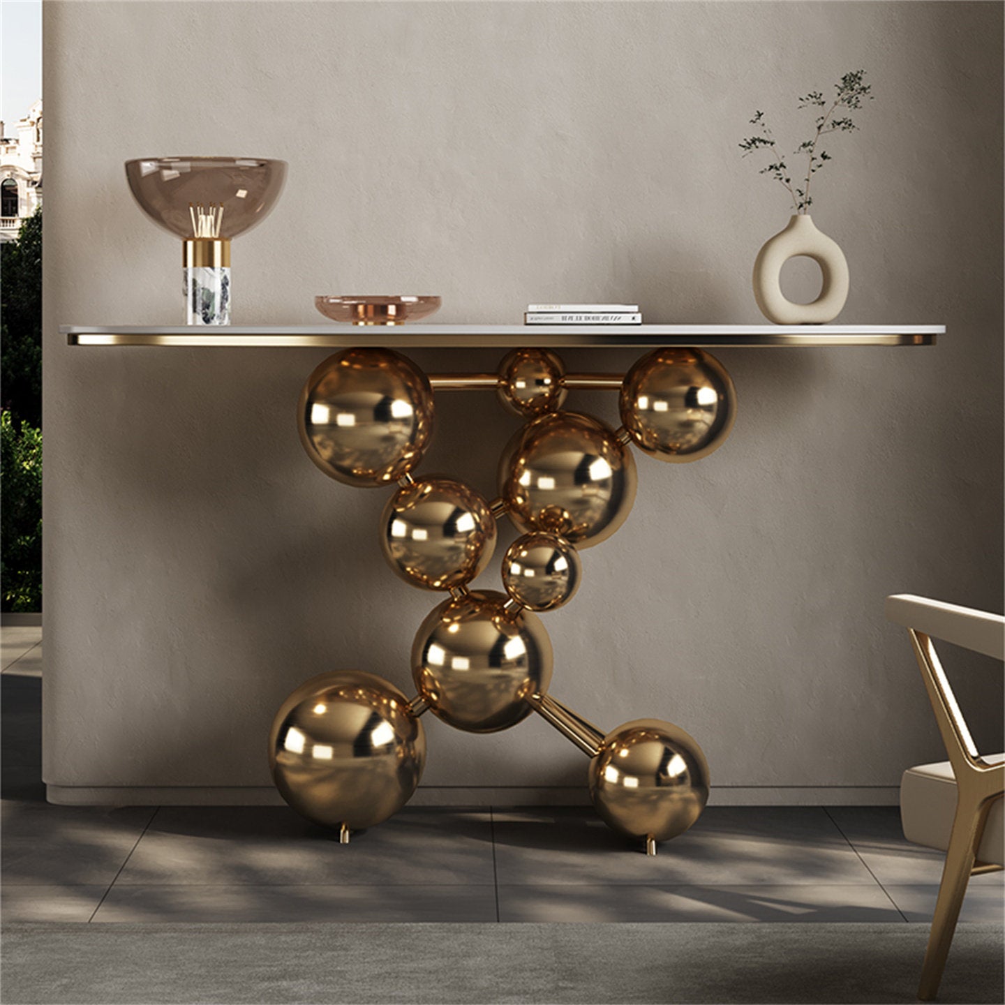 Champagne Gold Console Table, Sintered Stone Top, Sculptural Sphere Base