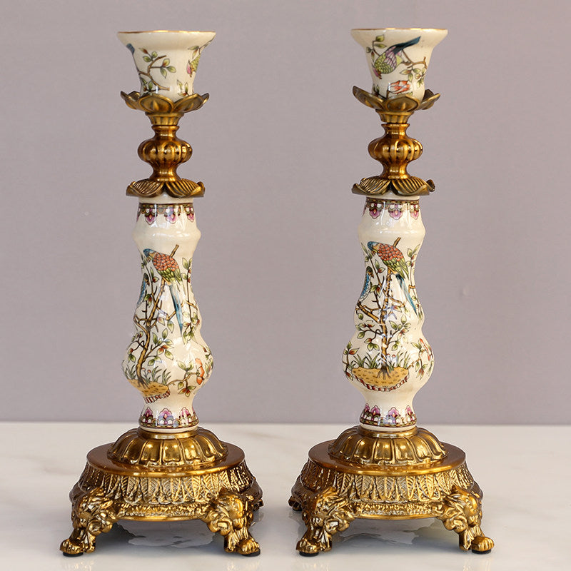 Ceramic Mantel Clock Set with 2 Candle Holders, Bird Floral Design
