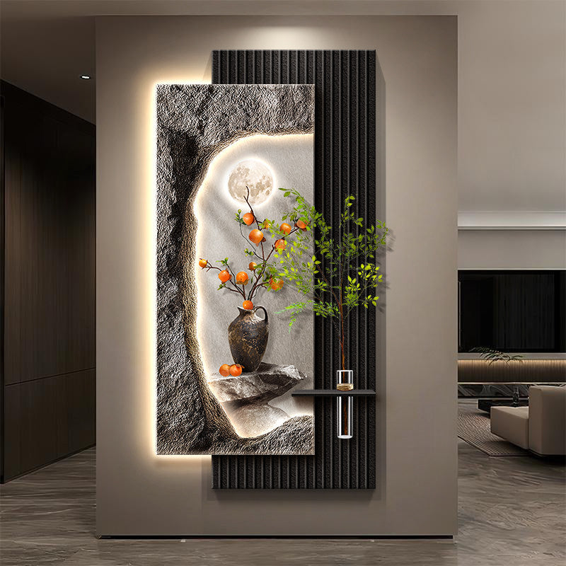 Modern Lighted Persimmon Wall Art 20 x 39 Inch, 3D Textured Botanical Wall Decor