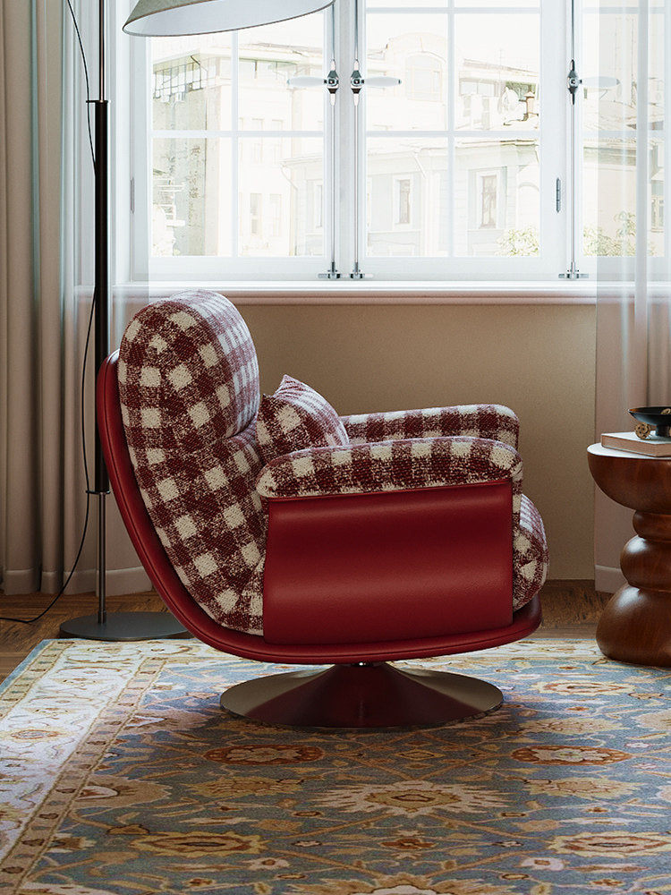 Red Plaid Swivel Accent Chair with Cushioned Arms and Metal Base
