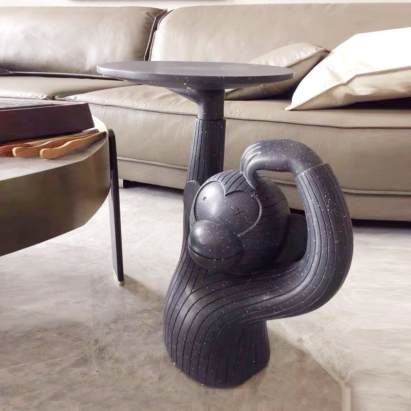 Dark Gray Sculptural Monkey Side Table with Round Serving Tray, Weighted Animal Accent End Table for Living Room, Bedroom, Sofa Side, Bedside and Small Spaces
