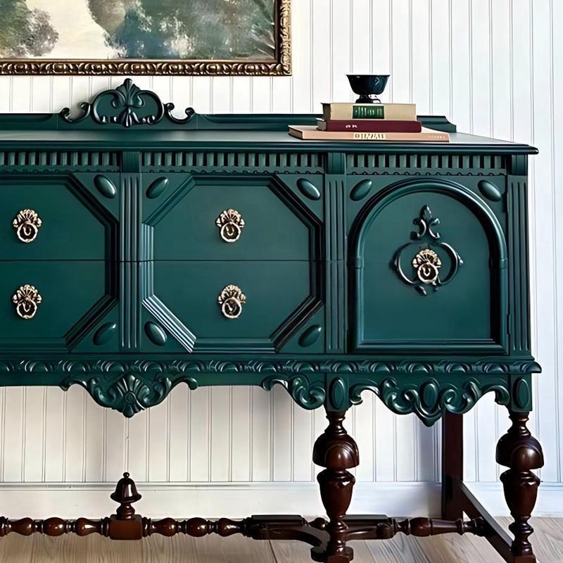 Carved Solid Wood Sideboard Buffet Cabinet, 4 Drawers and 2 Doors, Dark Teal Green Credenza with Decorative Ring Pulls for Dining Room, Living Room or Entryway