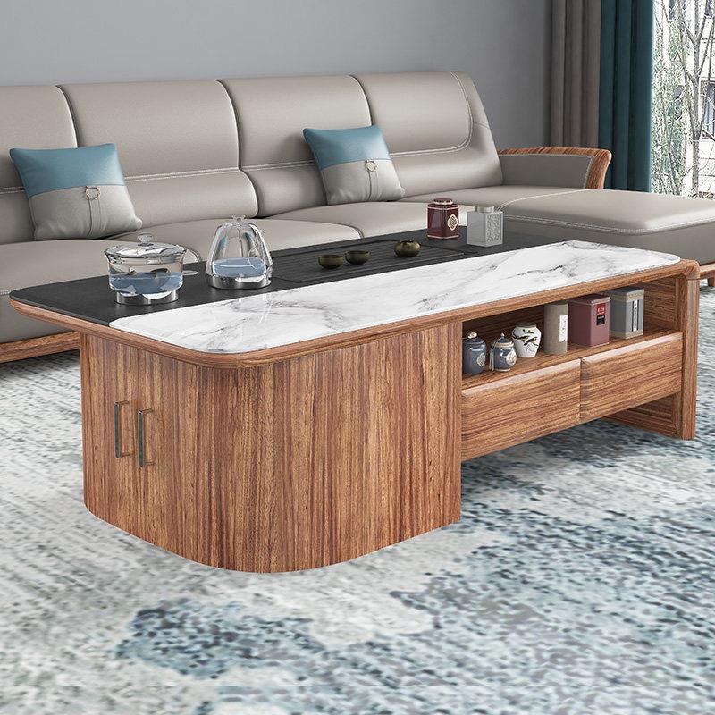 Solid Wood Tea Table with Marble Top and Built-In Tea Tray