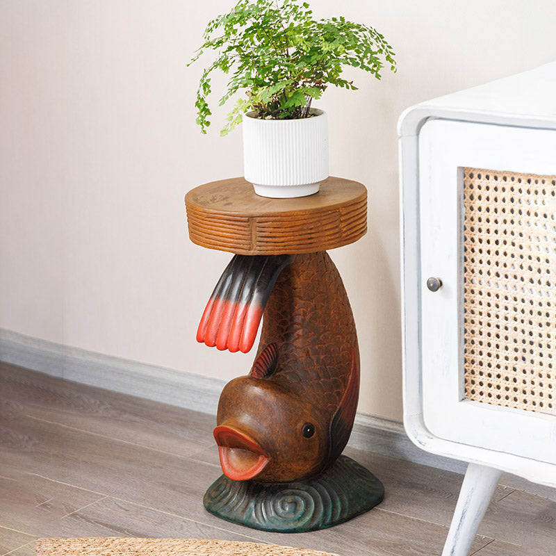 Brown Solid Wood Koi Fish Stool, Carved Side Table