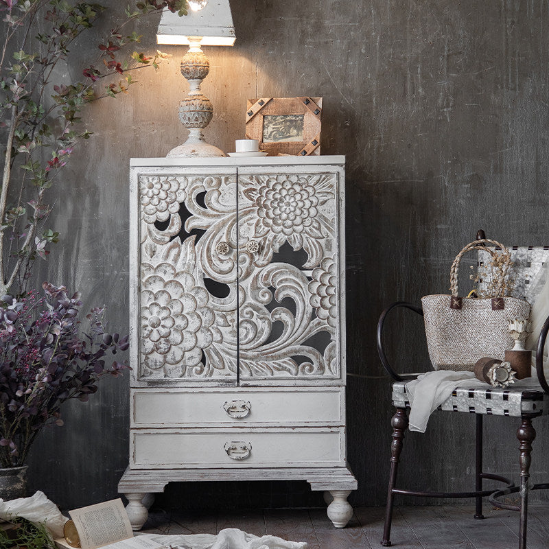 Distressed White Carved Wood Accent Cabinet with 2 Doors and 2 Drawers, Floral Storage Cabinet for Entryway, Living Room and Bedroom