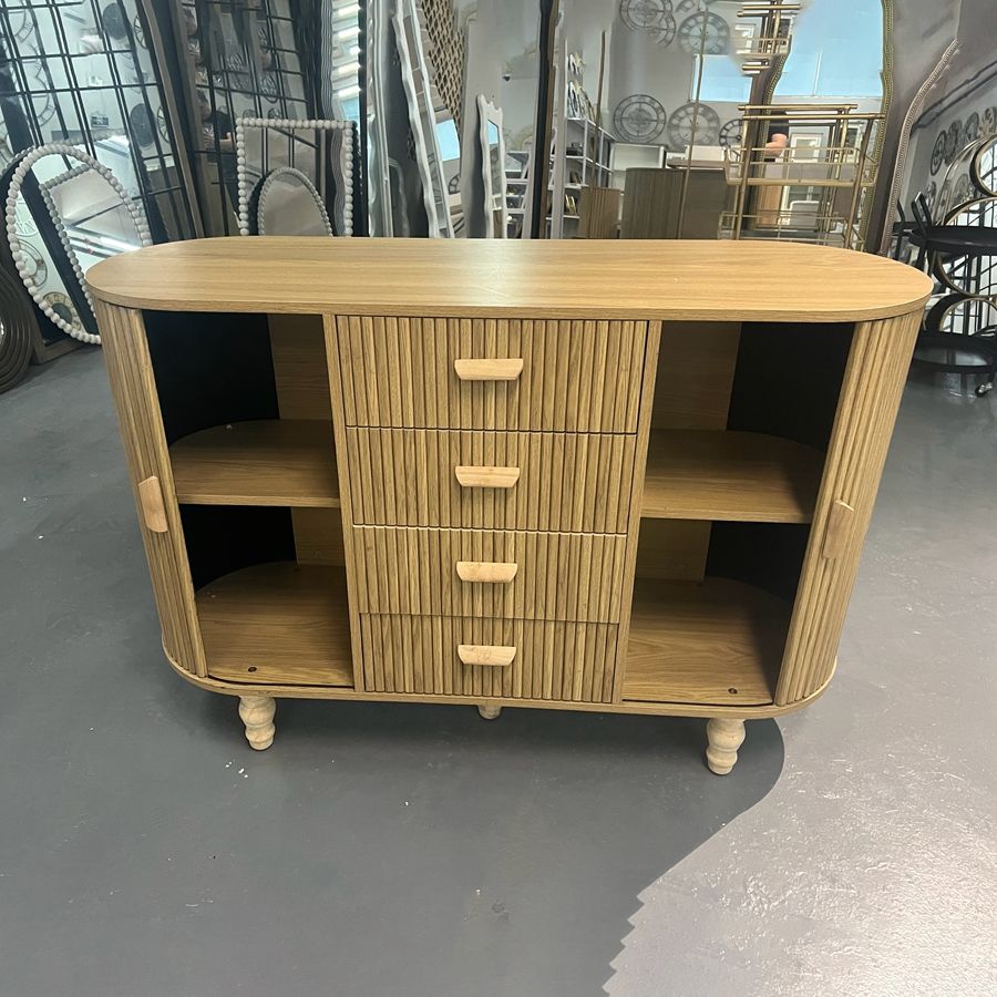 Natural Wood Fluted Sideboard, 4 Drawers and 2 Doors