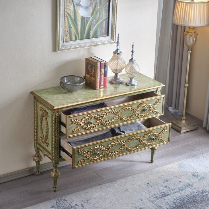 Green Solid Wood Entryway Cabinet with 2 Drawers and Gold Trim