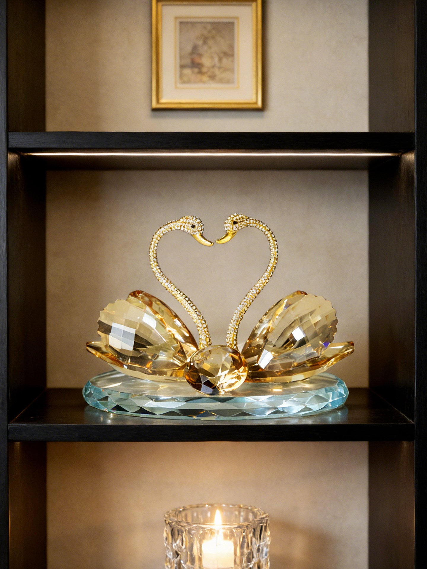 Champagne Crystal Swan Couple Figurine, Gold Heart Tabletop Sculpture
