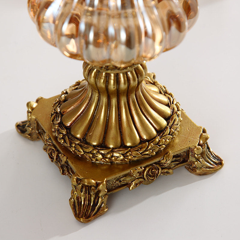 Gold Glass Pedestal Vase, European Style Decorative Flower Vase with Ornate Resin Base, Tall Table Centerpiece Urn for Faux Flowers, Dining Table, Entryway, Hotel, Living Room Decor