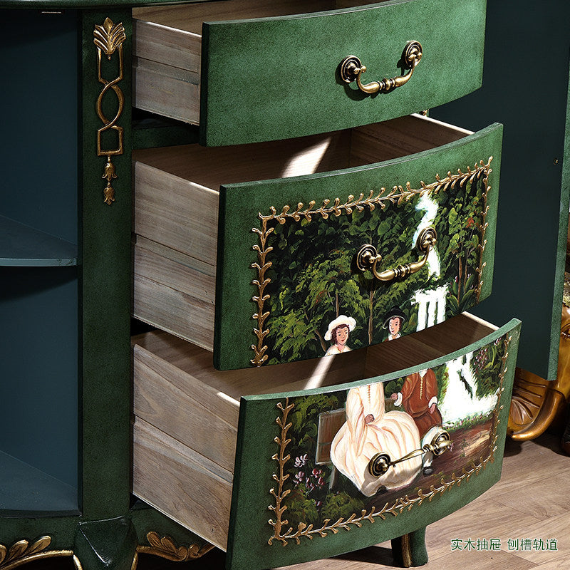 Green Hand-Painted Demilune Storage Cabinet for Entryway and Living Room