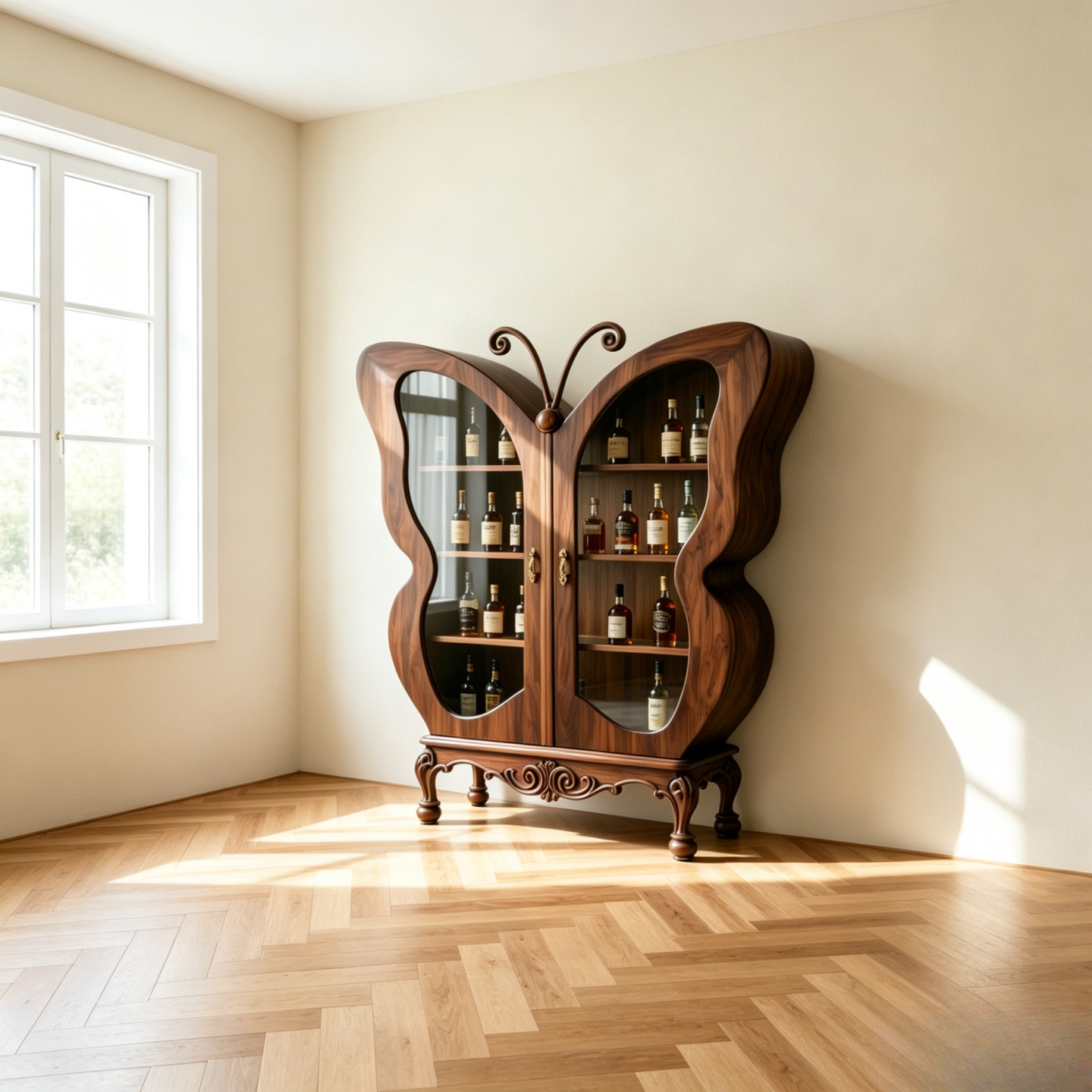 Butterfly Liquor Cabinet with Glass Doors, Ash Wood Bar Display Storage