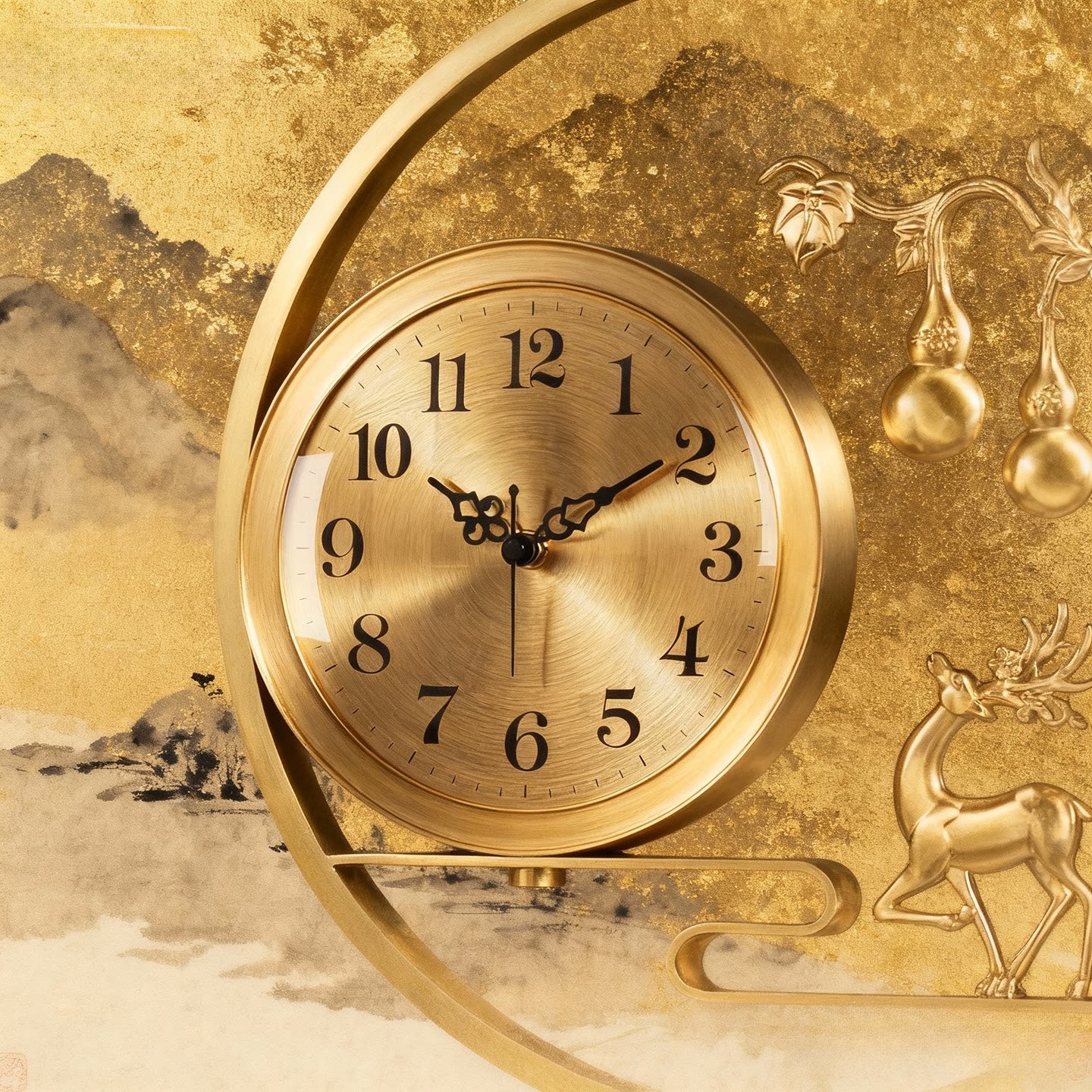 Modern Brass Table Clock with Deer &amp; Gourd Sculpture, Silent Analog Desk Clock, Decorative Metal Mantel Clock for Living Room, Office, Bookshelf, Console Table &amp; Home Décor, Gold Finish