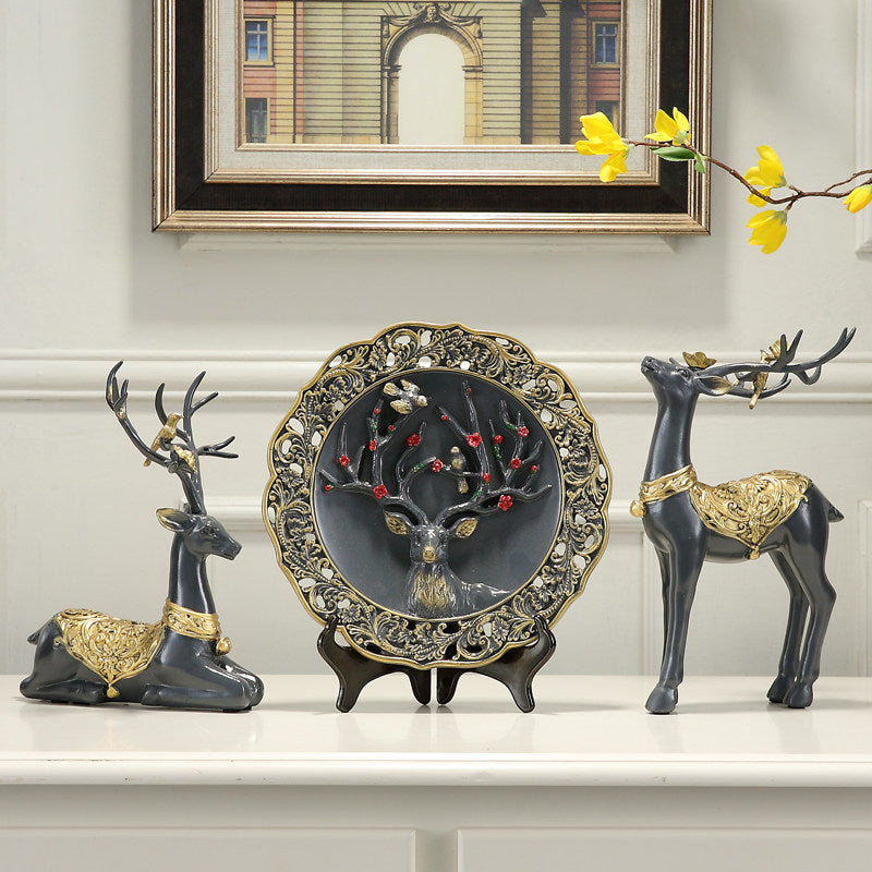 3-Piece Black and Gold Deer Figurine Set with Decorative Plate Accent