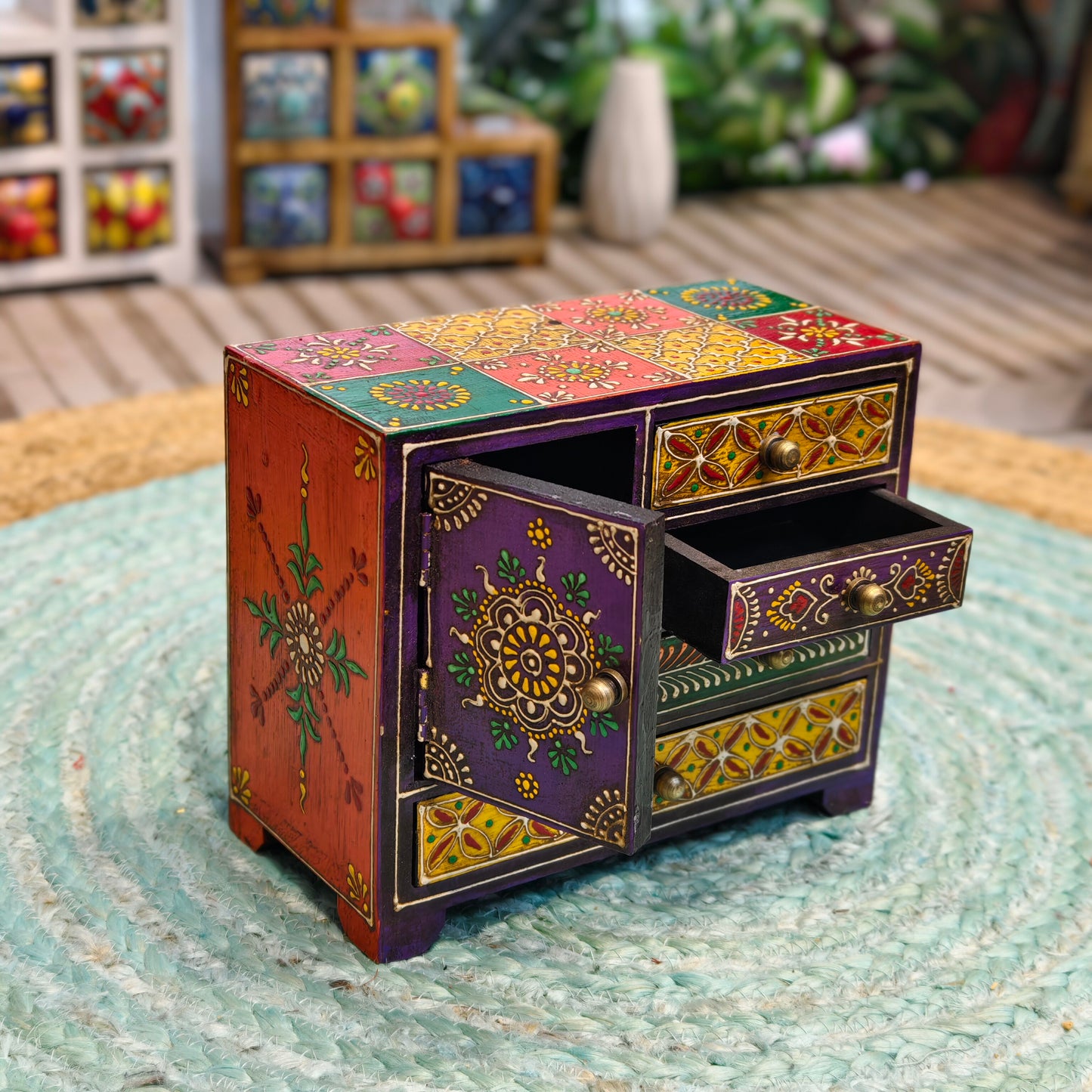 Multicolor Hand-Painted Wood Jewelry Box with Door and 4 Drawers