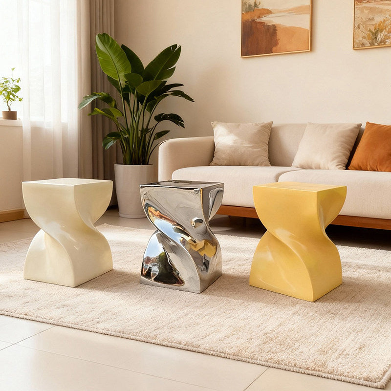 Silver Chrome Twist Side Table, Sculptural Fiberglass Accent Table, Modern Hourglass Bedside Drink Table for Bedroom, Living Room, Hotel, Lobby