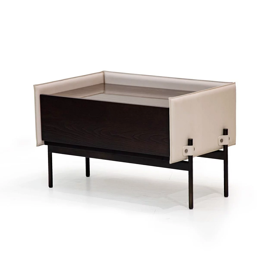 Modern Luxury Nightstand, Rectangular Bedside Table with Dark Wood Drawer and Cream Leather Side Panels, Metal Frame End Table for Bedroom, Hotel Room, Living Room