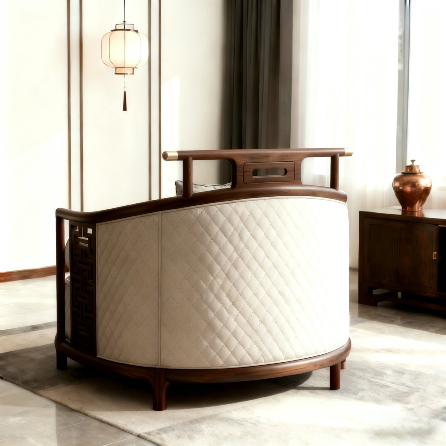 Ash Wood Barrel Accent Chair with Quilted White Upholstery