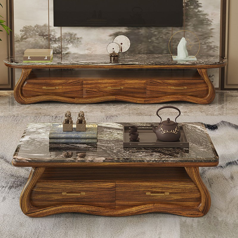 Wenge Wood TV Stand with Marble Top and 4 Storage Drawers
