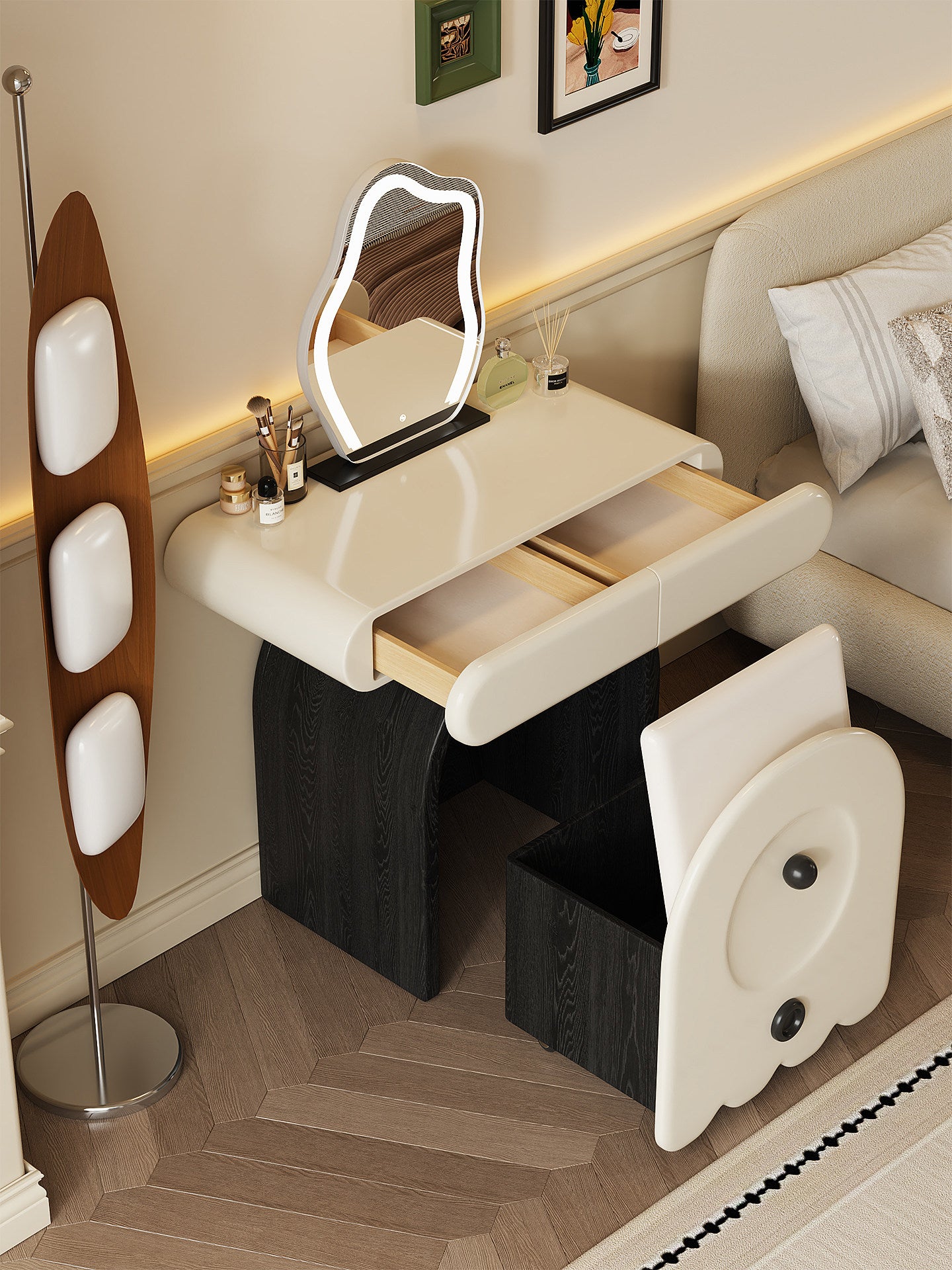 Cream White Vanity Table and Stool Set with Drawers, 31.5 In Wide