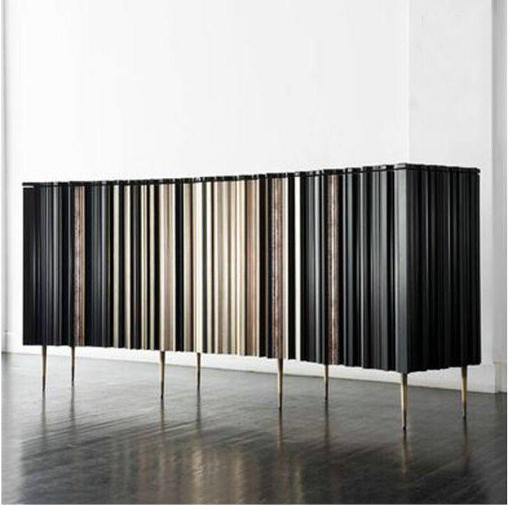Black and Gold 2 Door Sideboard Buffet Cabinet, 35 Inch Modern Ribbed Accent Cabinet with Vertical Stripe Design, Luxury Storage Credenza for Dining Room, Living Room, Hallway and Entryway