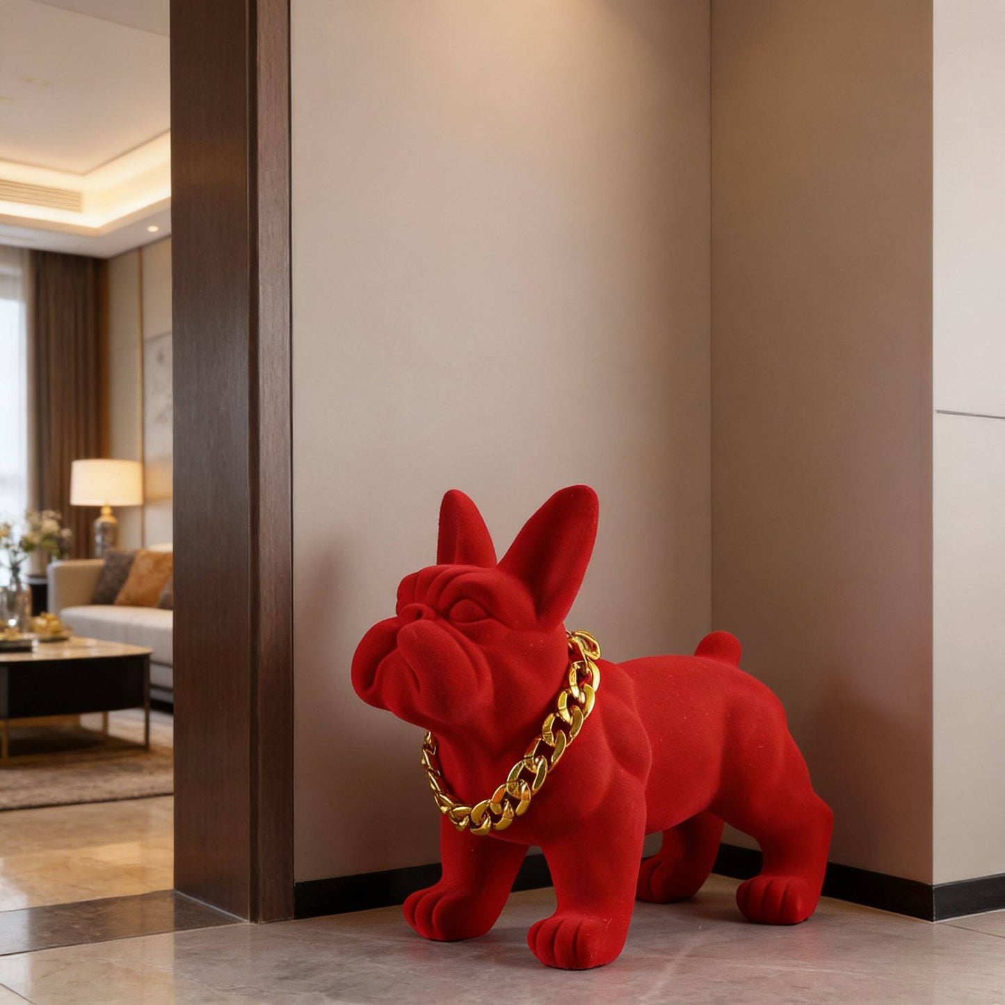 Red French Bulldog Piggy Bank, Flocked Dog Statue Coin Bank with Gold Chain, Modern Animal Figurine Money Box for Living Room, Bedroom, Office Desk, Entryway Decor