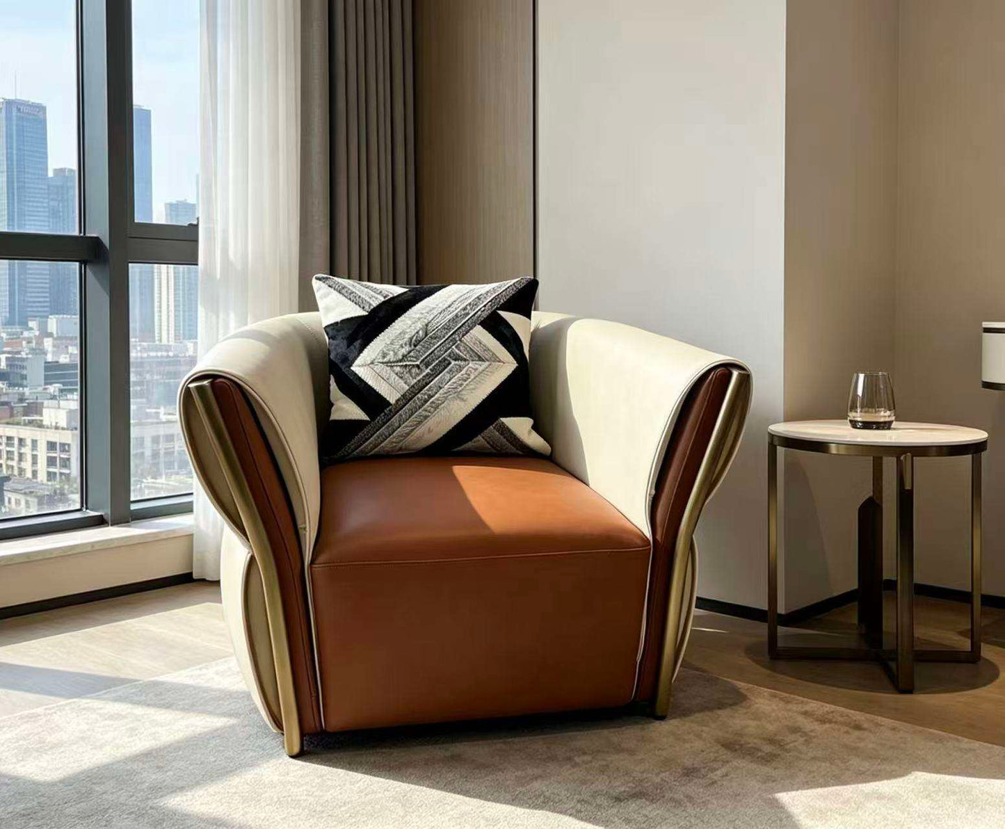 Cream Brown Genuine Leather Swivel Chair with Memory Return