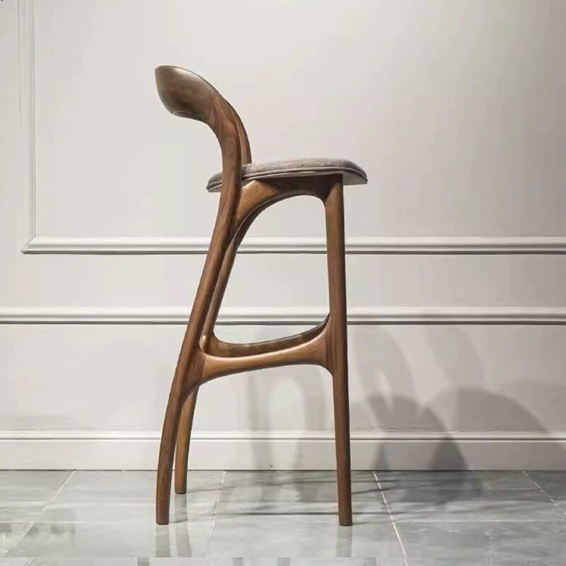 Black Walnut Solid Wood Bar Stool with Upholstered Seat, Sculpted Curved Low Back and Integrated Footrest, Mid-Century Modern High Chair for Kitchen Island, Home Bar and Café
