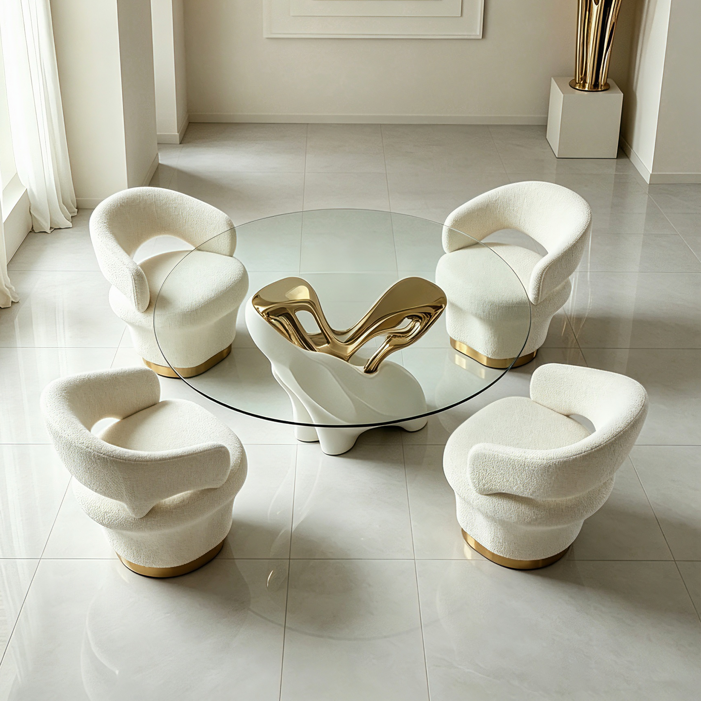 Round Glass Dining Table, Luxury Modern Dining Room Table with Sculptural White and Gold Base, Artistic Glass Top Kitchen Table for Dining Room, Villa, Apartment, Breakfast Area