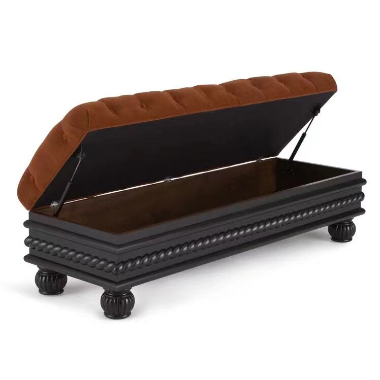 Burgundy Tufted Storage Ottoman Bench with Solid Wood Base