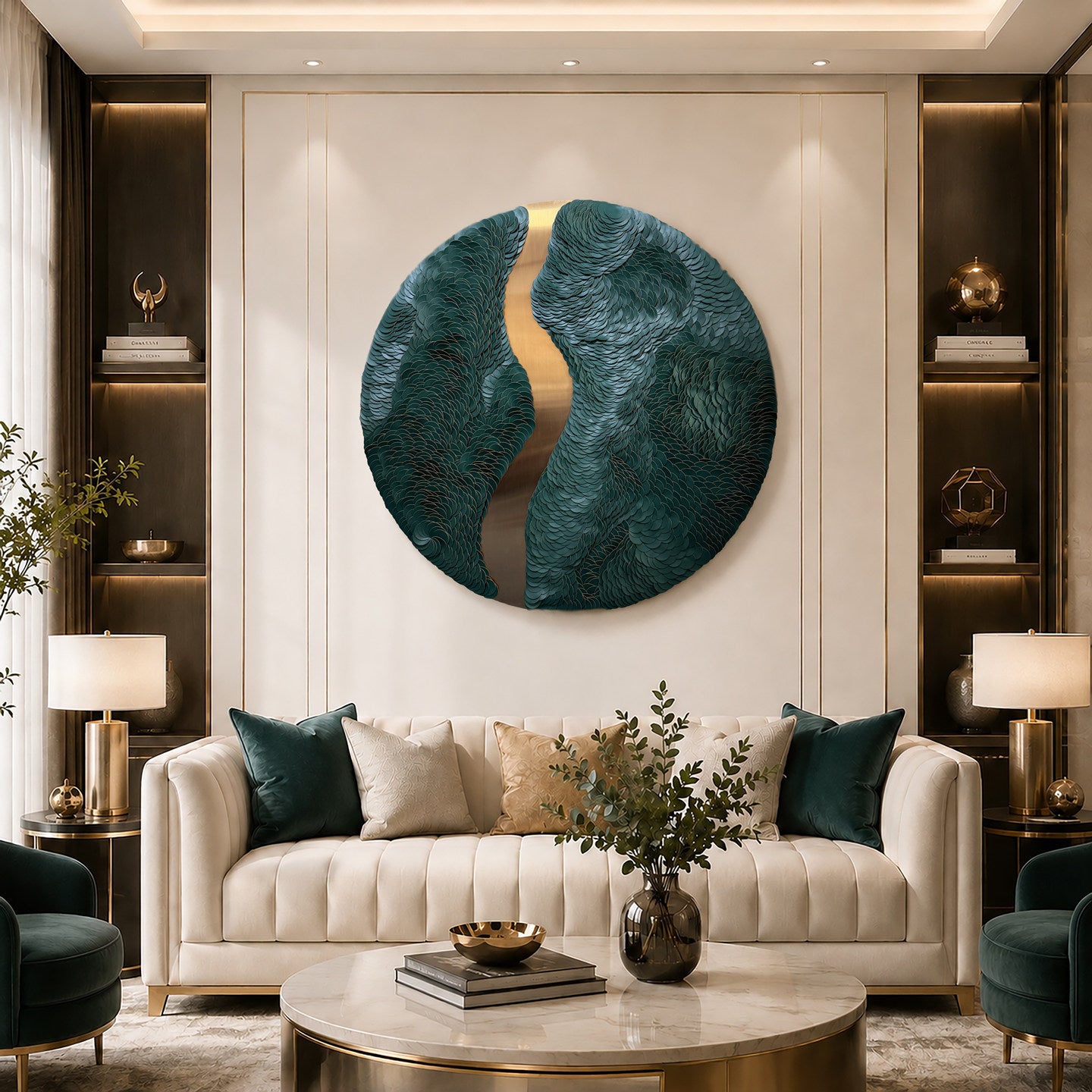 3D Leather Wall Art 31.5 Inch, Round Dark Green Abstract Wall Sculpture