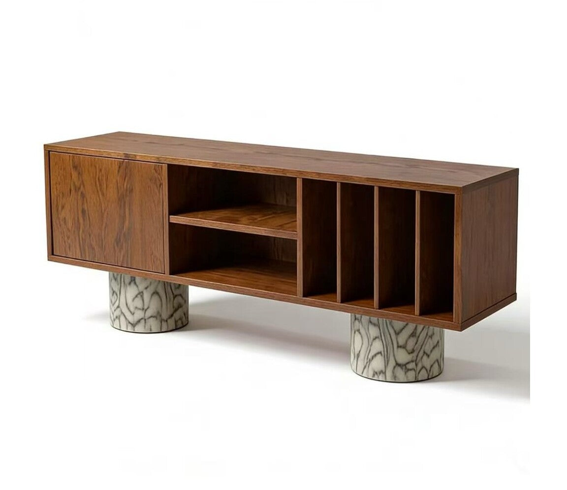Solid Wood Open Shelf Sideboard Cabinet, Low Storage Credenza with Door and Vertical Dividers, Wabi Sabi Console Cabinet for Living Room, Entryway or Dining Room